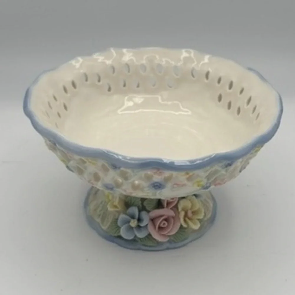 Cottagecore Porcelain Pedestal Candy Bowl Blue Floral Lattice Reticulated Dish